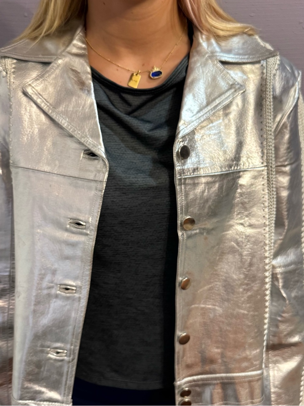 Women’s Metallic Silver Genuine Leather  Coat Jacket - Picture 7 of 7